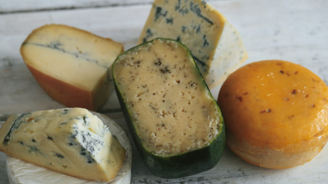 Various types of cheese on the table