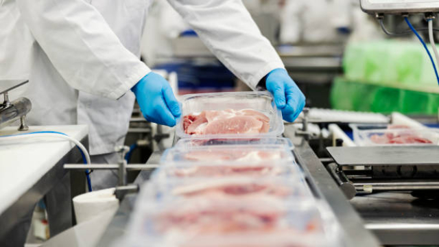 Close up of a meat industry worker gathering packed meat on a conveyor belt.