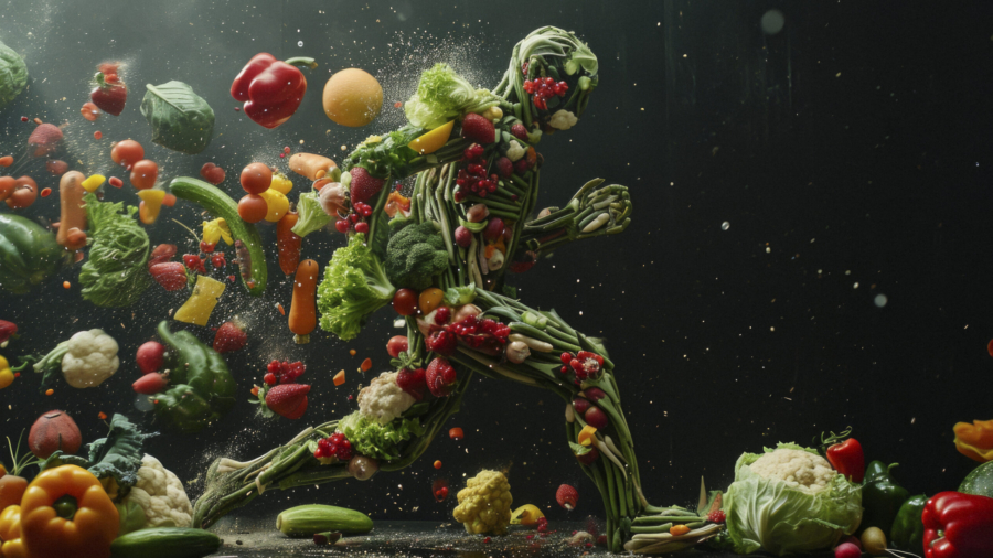 person in body covered with vegetables running on dark background, in the style of highly detailed figures, elaborate fruit arrangements, photo, ron english, molecular, jump cuts, grit and grain --ar 16:9 --style raw --v 6 Job ID: e829f60f-cbd5-4c41-affe-89dd76d2a5f5